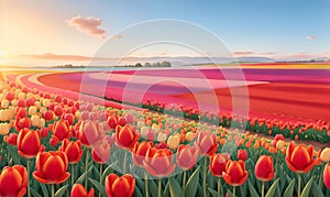 Rural landscape with field colorful tulips, farm, Banner Field of spring flowers tulips in mountains lit by morning sun