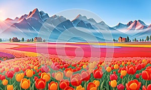 Rural landscape with field colorful tulips, farm, Banner Field of spring flowers tulips in mountains lit by morning sun