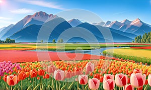 Rural landscape with field colorful tulips, farm, Banner Field of spring flowers tulips in mountains lit by morning sun