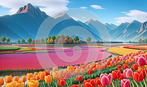 Rural landscape with field colorful tulips, farm, Banner Field of spring flowers tulips in mountains lit by morning sun