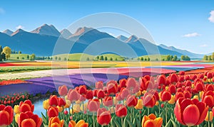 Rural landscape with field colorful tulips, farm, Banner Field of spring flowers tulips in mountains lit by morning sun