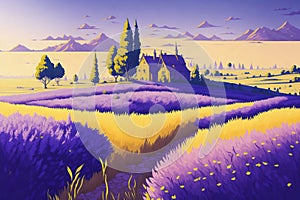 Rural landscape, a field of lavenders flowers. AI generated illustration