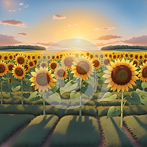 Rural landscape with field sunflowers, farm, fields, meadows and forests in the background.sunset rural landscape painting with