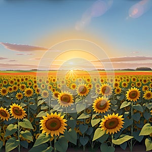 Rural landscape with field sunflowers, farm, fields, meadows and forests in the background.sunset rural landscape painting with