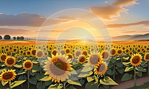 Rural landscape with field sunflowers, farm, fields, meadows and forests in the background.sunset rural landscape painting with