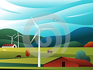 Rural landscape with fields, hills, tractor, wind turbine and barn, panorama view. Vector illustration of countryside, villages.