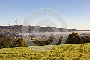 Rural landscape fog mist morning trees grass field forest hill w