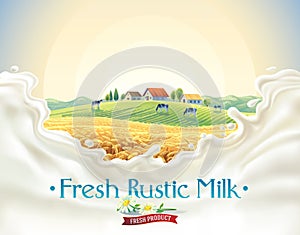 Rural landscape with frame splashes from milk