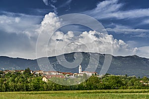 Rural landscape in Friuli, Italy with small town on the hills an