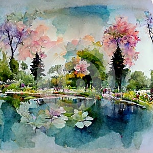 Rural landscape with green garden, lake, fields and bushes with flowers. Watercolor style