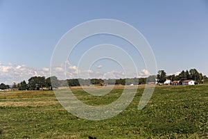 Rural landscape with green meadow, blue sky and white clouds on a sunny summer day in Jomfruland island in Norway