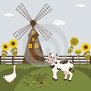 Rural landscape with gristmill and cow and goose photo