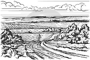 Rural landscape hand drawn ink sketch countryside scenery retro style vector illustration