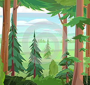 Rural landscape. Hills of far fields and gardens. Beautiful pine forest. Wild floral landscape. Illustration in cartoon