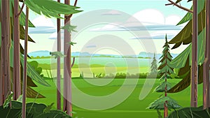 Rural landscape. Hills of farm fields and gardens. Beautiful pine forest. Wild floral landscape. Illustration in cartoon