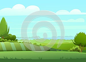 Rural landscape. Horizontal village nature illustration. Cute country hills. Flat style. Garden beds and trees. Vector