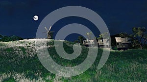Rural landscape with houses and windmill at night