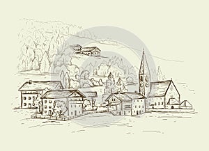 Rural landscape. Italy, Europe. Santa Maddalena. Sketch vector illustration with a church, village houses on the hill