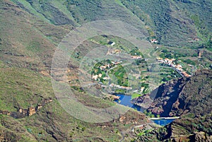 Rural landscape of La Gomera island with a lake at the fond.Canary Islands