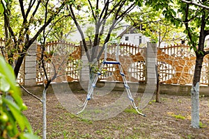 Rural landscape - ladder and fruit trees in garden, nobody. Harvest season, countryside, fruit trees