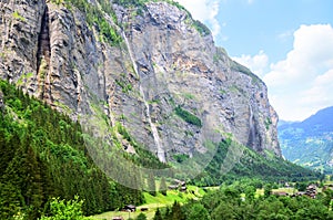 A rural landscape Lauterbrunnen valley in the Swiss Alps