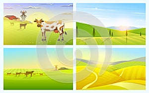 Rural landscape or meadow. Farm Agriculture. Vector illustration. Poster with Countryside, retro village for info