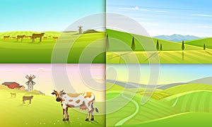 Rural landscape or meadow. Green Farm poster or background. Countryside, retro village for info graphic, websites