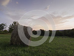 Rural landscape with meadow with round hay bales during beautiful evening