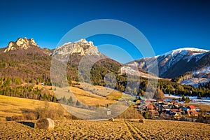 Rural landscape with mountain peaks on background in early sprin