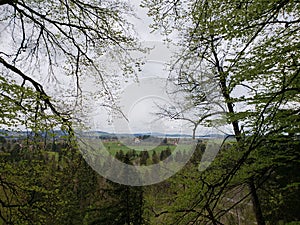 rural landscape between the mountains of Europe in spring season and during a sunny day