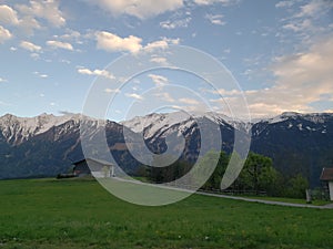 rural landscape between the mountains of Europe in spring season and during a sunny day