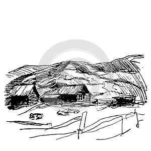 Rural landscape with mountains House fence and cows. Sketch, contour black isolated on white background. Vector