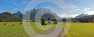 Rural landscape near mittenwald, farmland with huts