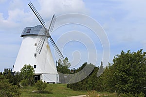 Rural landscape with Nordic windmills.