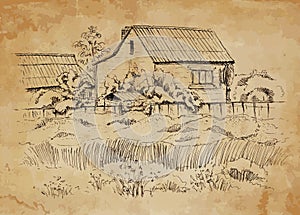 Rural landscape with old farmhouse.