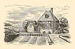 Rural landscape with old farmhouse and garden. Country house hand drawn illustration in vintage style