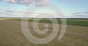 Rural landscape with reaper thresher cropping ripe wheat