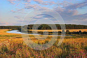 Rural landscape with a river at summer time