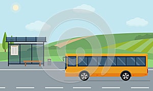 Rural landscape with road, bus stop and moving bus.