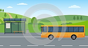 Rural landscape with road, bus stop and moving bus. Concept of public transport. Panoramic view.
