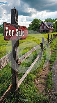 Rural landscape with a For Sale sign on a wooden fence leading to a country house, depicting real estate opportunities in