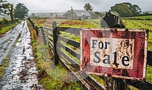 Rural landscape with a For Sale sign on a wooden fence leading to a country house, depicting real estate opportunities in