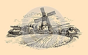 Rural landscape sketch. Farm, windmill and field. Vintage vector illustration