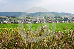 Vidiecka krajina na Slovensku na pozadí pohoria Západné Karpaty