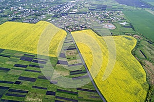 Rural landscape on spring or summer day. Aerial view of green, plowed and blooming fields, house roofs and a road on sunny dawn.