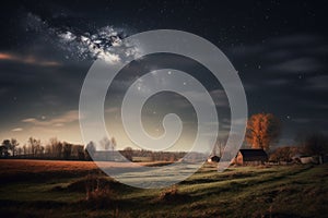 rural landscape with starry night sky, featuring a full moon and twinkling stars