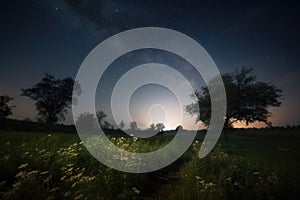 rural landscape with starry night sky, featuring a full moon and twinkling stars