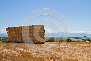 Rural landscape with strawbales and mountains