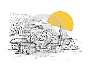 Rural landscape with sunrise. Italy, Europe. Santa Maddalena. Val di Funes valley. Sketch vector illustration with a church,