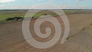 Rural landscape with a tractor cultivating fertile soil for sowing and a herd of cows in the pasture